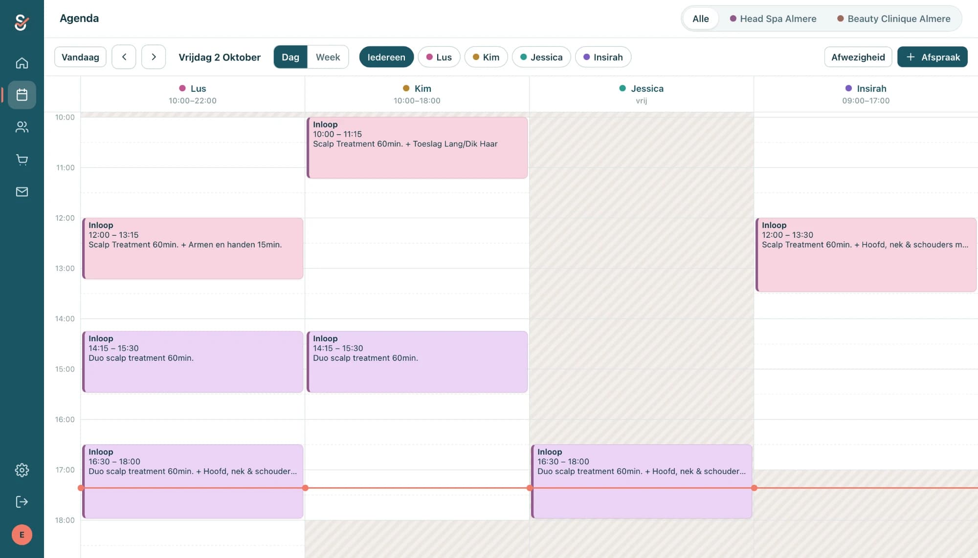 De Salony-agenda met de afspraken van het team per medewerker