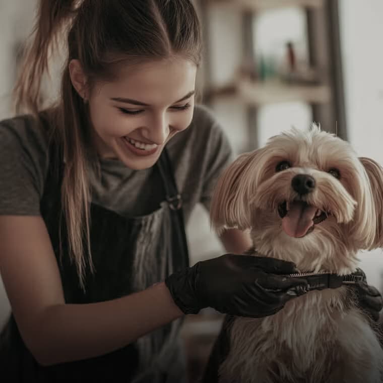 Professionele dierenverzorger die een hond trimt in een schone, goed verlichte verzorgingssalon, die dierenverzorgingsservices op Salony laat zien.