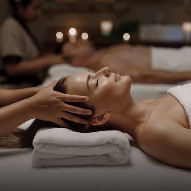 Vrouw die ontspant in een spa met een handdoekwikkel en gezichtsmasker, die spa- en wellnessservices op Salony vertegenwoordigt.